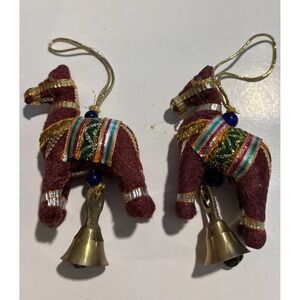 2 Fabric Horses Christmas Ornaments with Bell Boho Decor